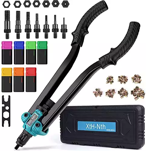 Xth-Nth Nietmutternzange Set, 15.5" Profi Nietpistole Nietzange Set Doppelgriff Nietpistole mit 7 PCS Austauschbare Dorne Metrische M3 / M4 / M5 / M6 / M8 / M10 /M12 und 70 PCS Nietmuttern