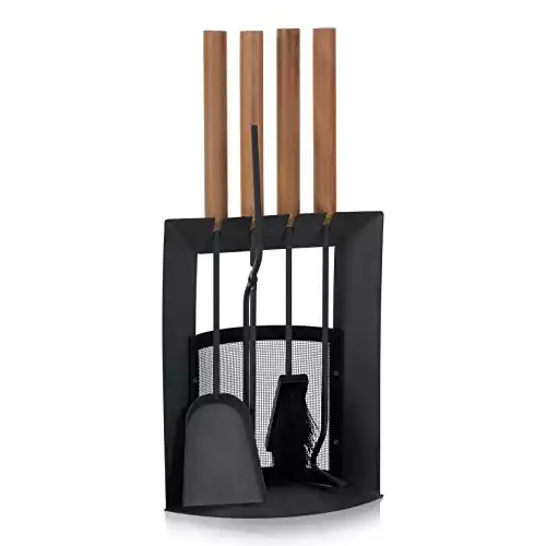 SULENO Kaminbesteck LIVERPOOL 5-teilig Kamingarnitur mit Ascheschaufel Besen Schürhaken, Kaminset & Halter, Ofenbesteck anthrazit mit Holzgriff