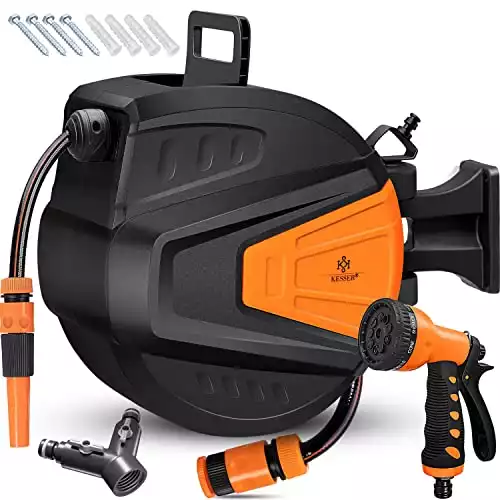 KESSER® Schlauchtrommel Wasser 30+2m Gartenschlauchaufroller Inkl. 2-Wege-Verteiler + Multi-Handbrause Wasserschlauchtrommel Automatik