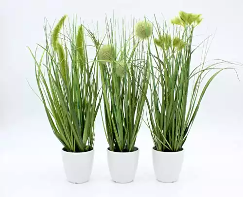 mucplants Kunstpflanze Gras im weißen Topf 3 Stück Höhe 38cm Grün Kunstgras Ziergras Tischdekoration